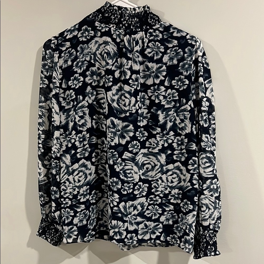 J. Crew Black and White Smocked Long Sleeve Blouse, Size XS (NWT) - Picture 3 of 3